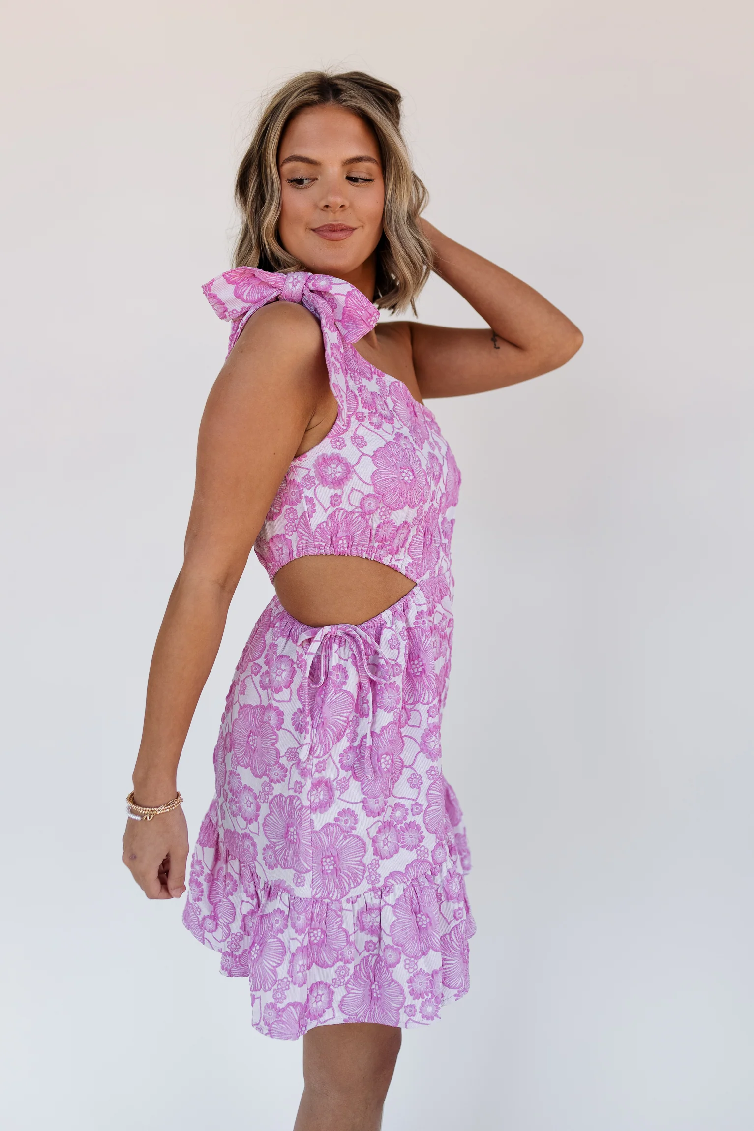 Laura Pink Floral One-Shoulder Dress - Image 4