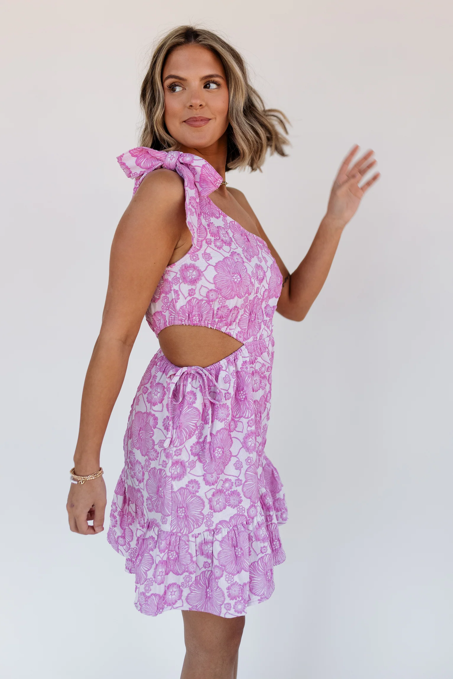 Laura Pink Floral One-Shoulder Dress - Image 5