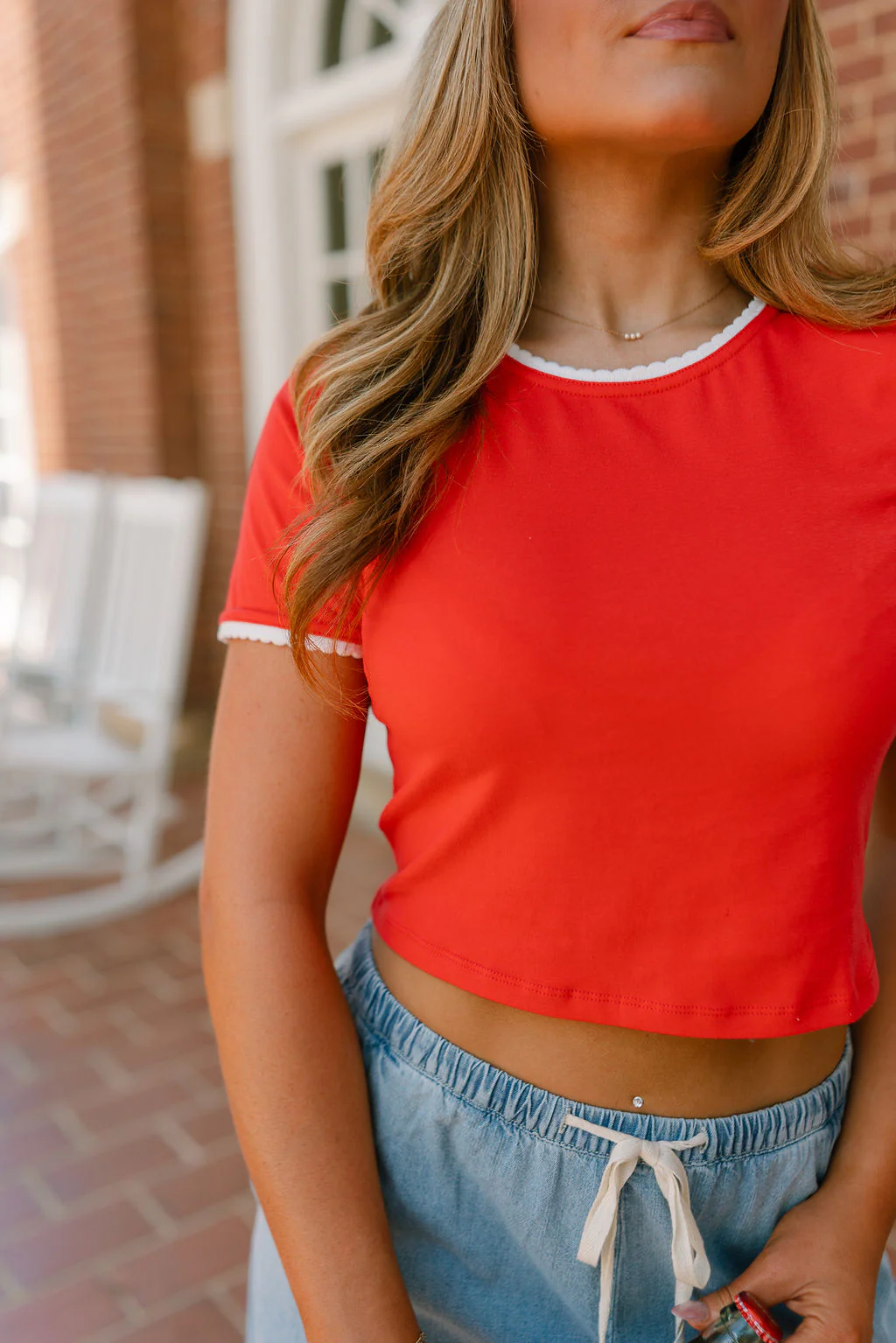 Laura Red & White Scallop Short Sleeve Top - Image 6