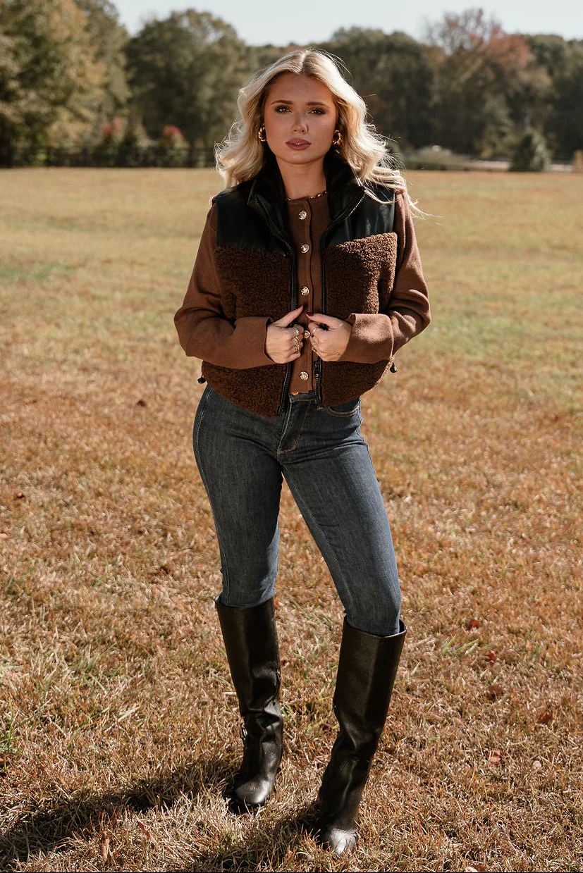 Layla Brown Shearling & Black Faux Leather Vest - Image 6