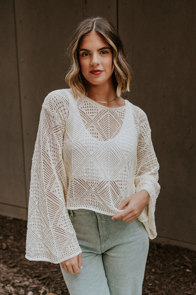 Laylani Cream Open Knit Flare Sleeve Top
