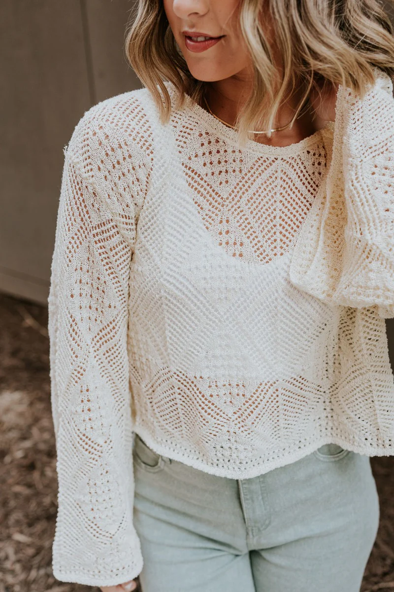 Laylani Cream Open Knit Flare Sleeve Top - Image 2