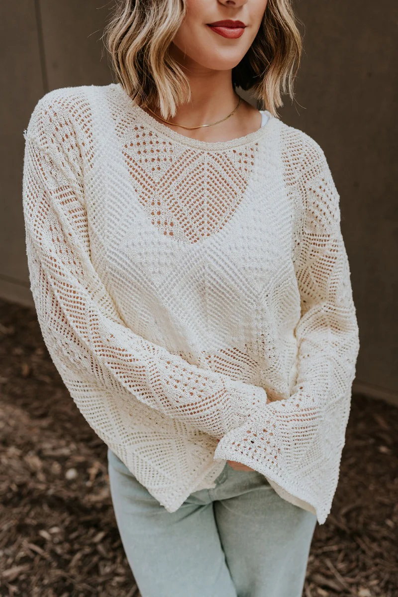 Laylani Cream Open Knit Flare Sleeve Top - Image 3