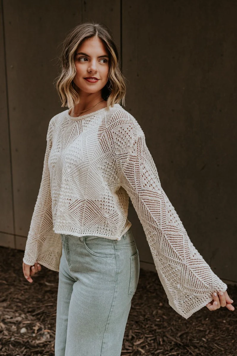 Laylani Cream Open Knit Flare Sleeve Top - Image 4