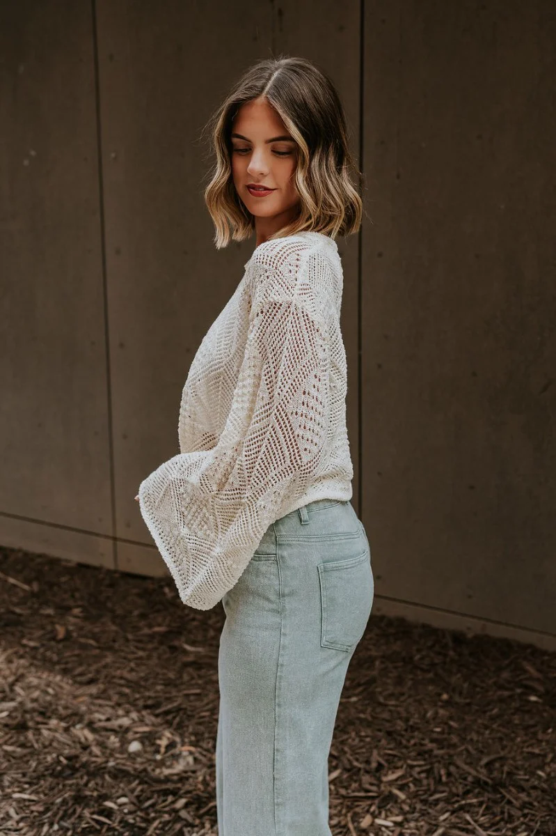 Laylani Cream Open Knit Flare Sleeve Top - Image 5