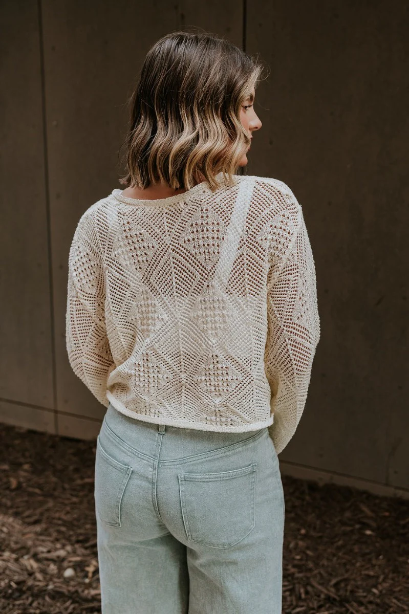 Laylani Cream Open Knit Flare Sleeve Top - Image 6