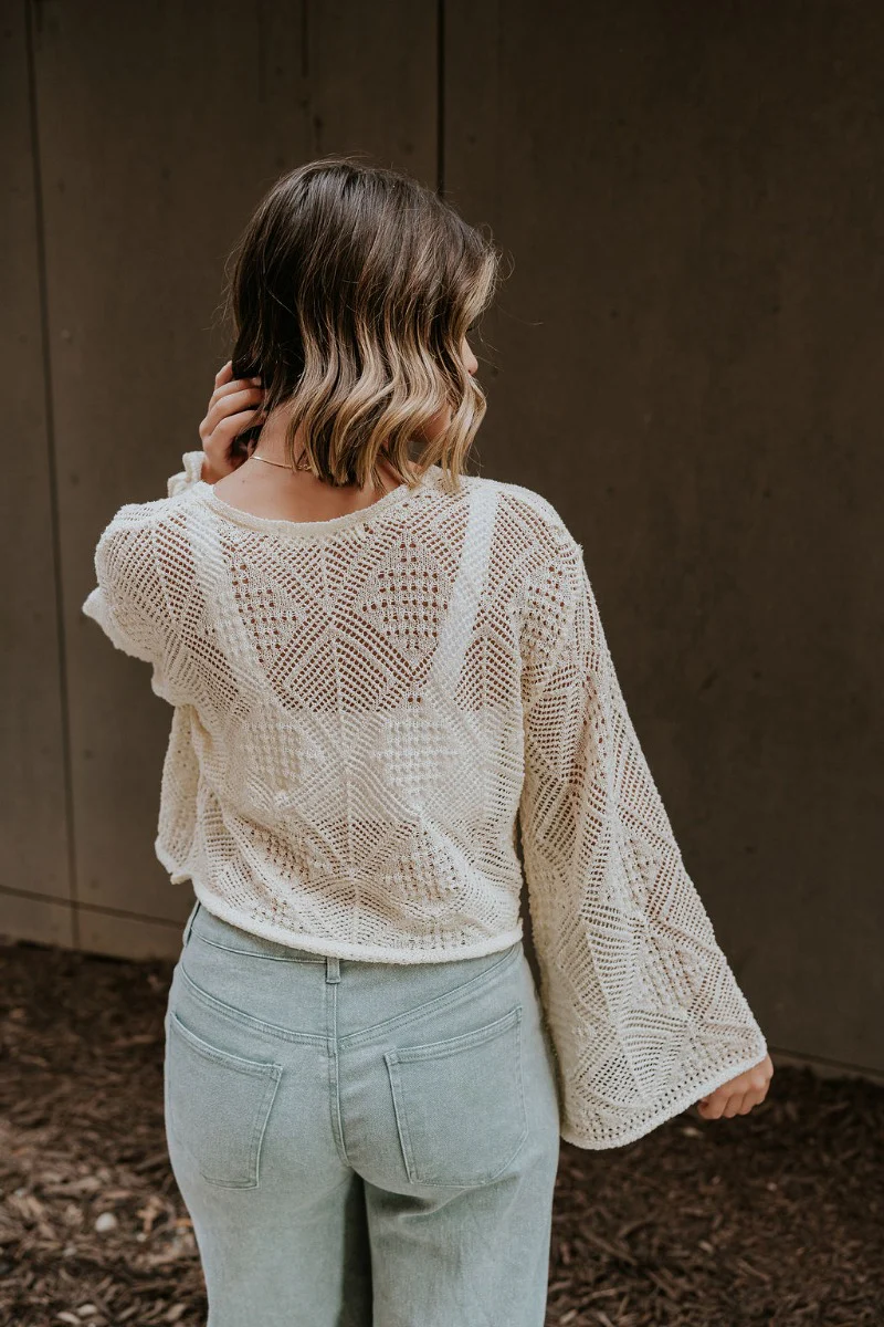 Laylani Cream Open Knit Flare Sleeve Top - Image 7