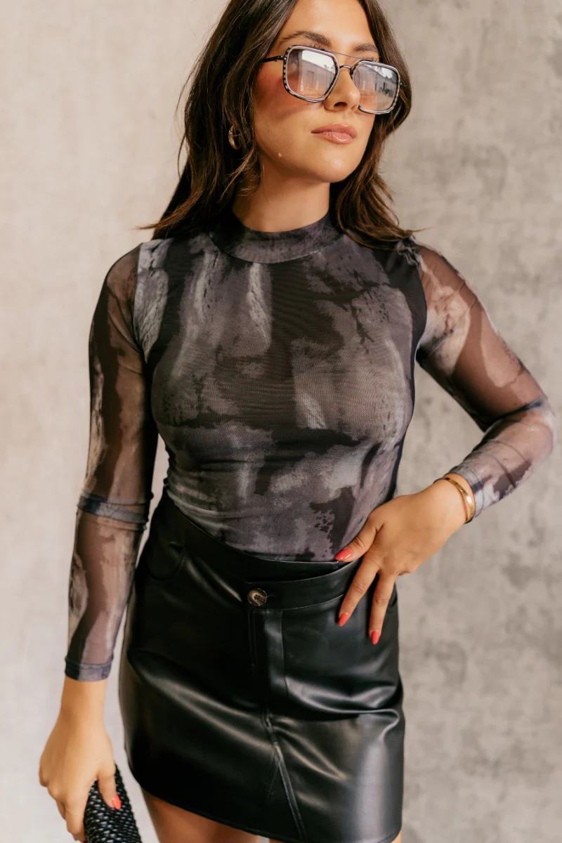 Leanna Black Marbled Mesh Long Sleeve Bodysuit - Image 4