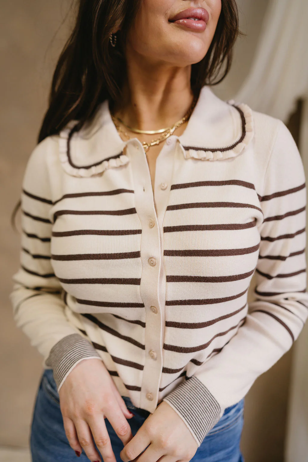 Leanne Cream & Brown Striped Ruffle Cardigan