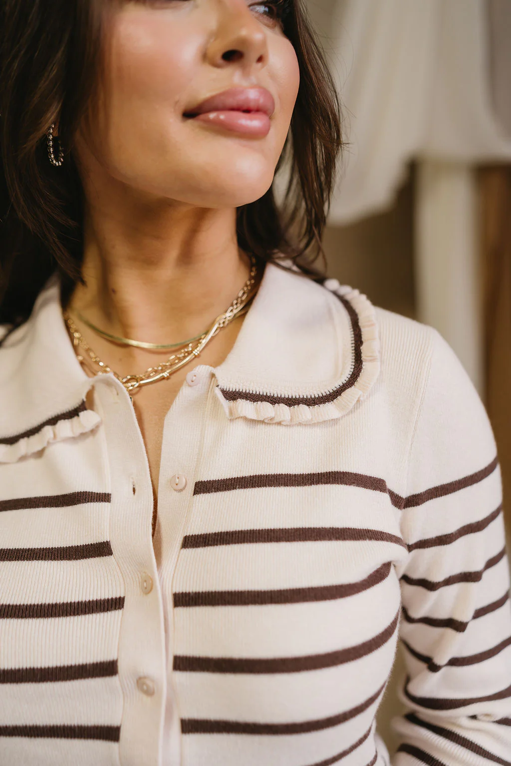 Leanne Cream & Brown Striped Ruffle Cardigan - Image 3