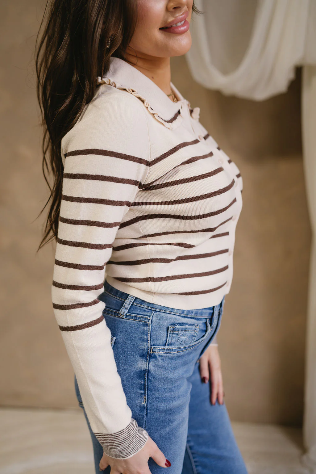 Leanne Cream & Brown Striped Ruffle Cardigan - Image 4