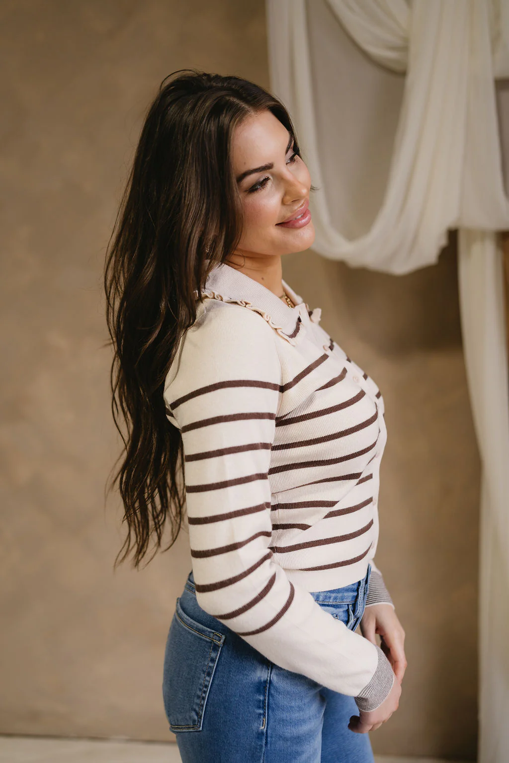 Leanne Cream & Brown Striped Ruffle Cardigan - Image 5