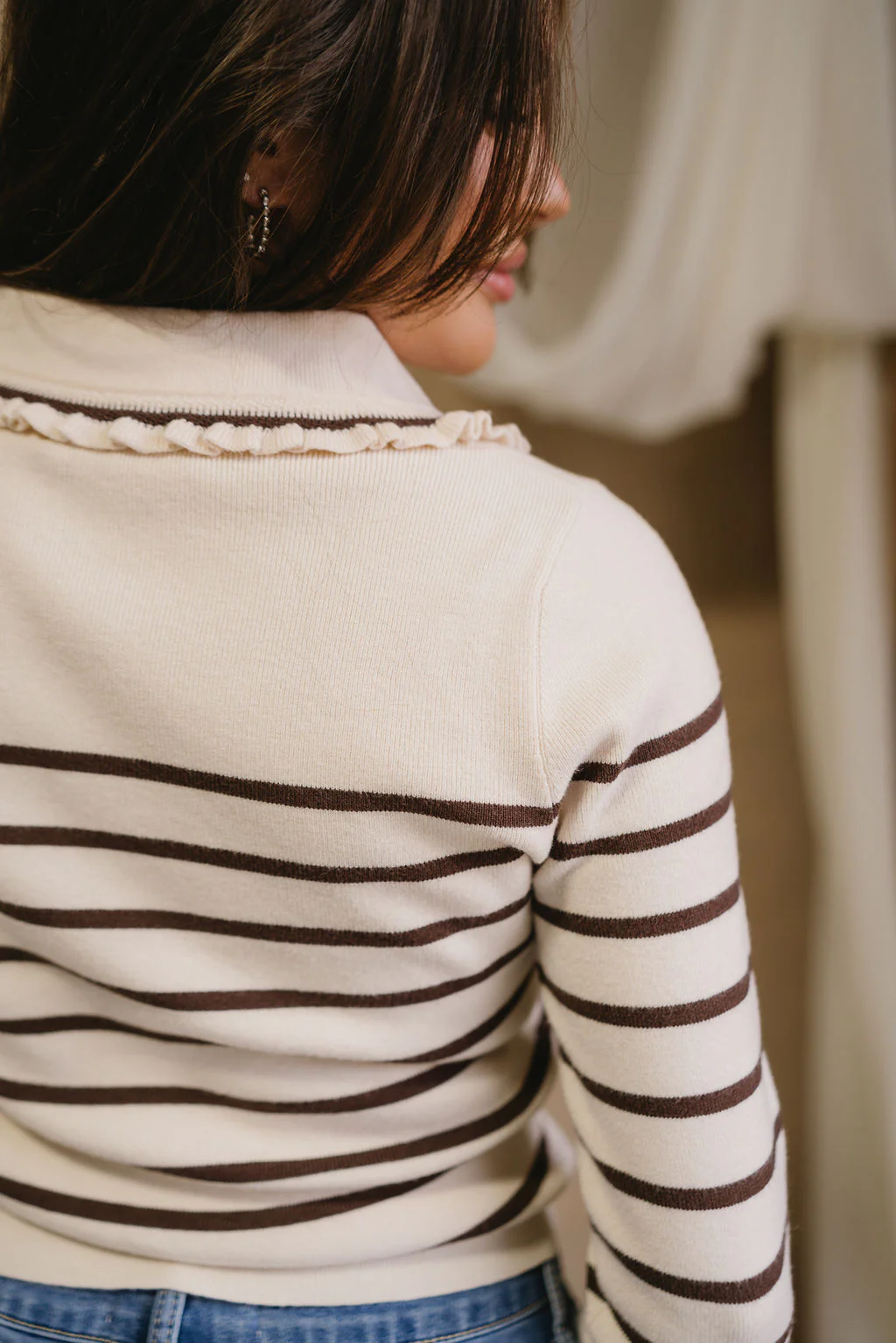 Leanne Cream & Brown Striped Ruffle Cardigan - Image 7