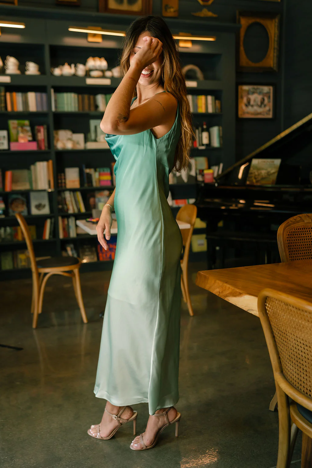Leia Green Ombre Satin Midi Dress - Image 3