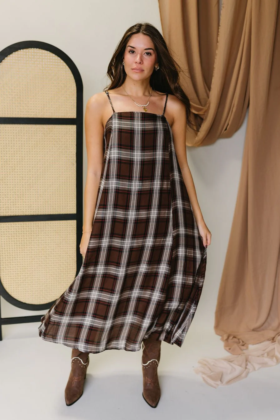 Leighton Brown Plaid Midi Dress - Image 2