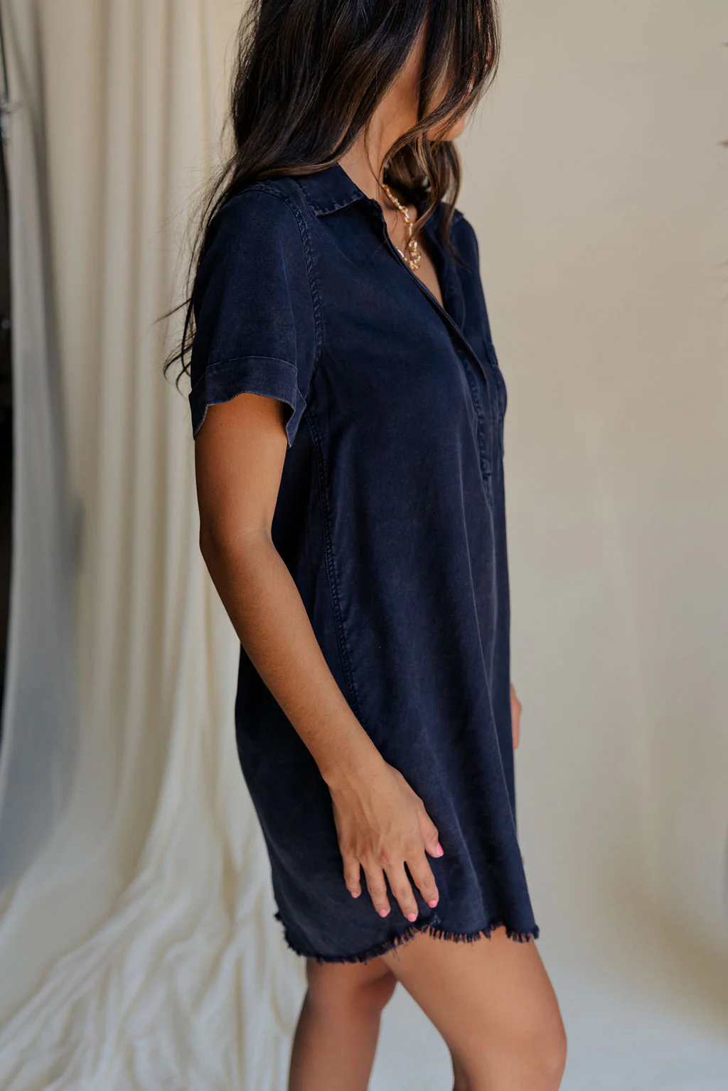 Leighton Navy Fray Short Sleeve Mini Dress - Image 3