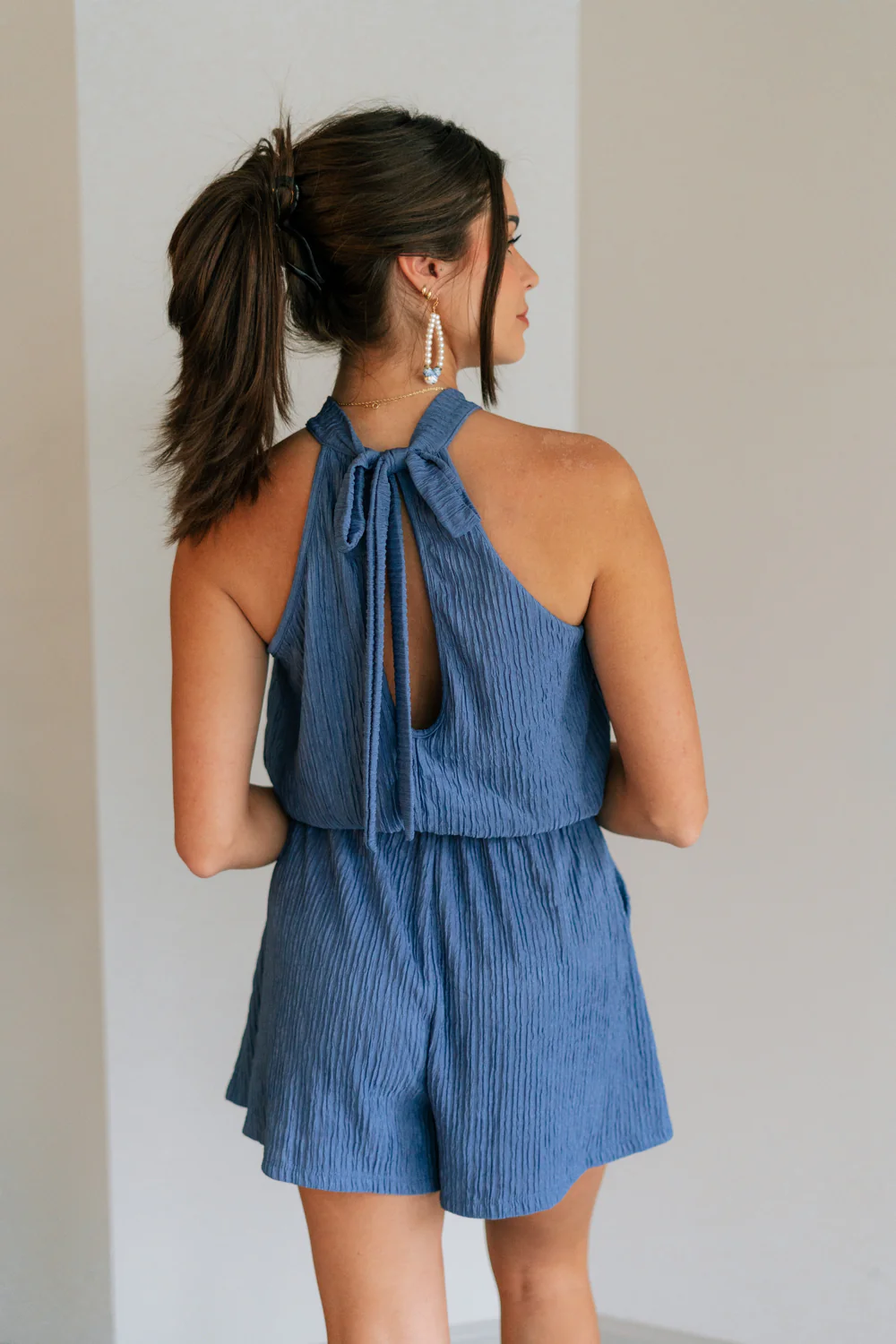 Leila Dark Blue Halter Neckline Romper - Image 8
