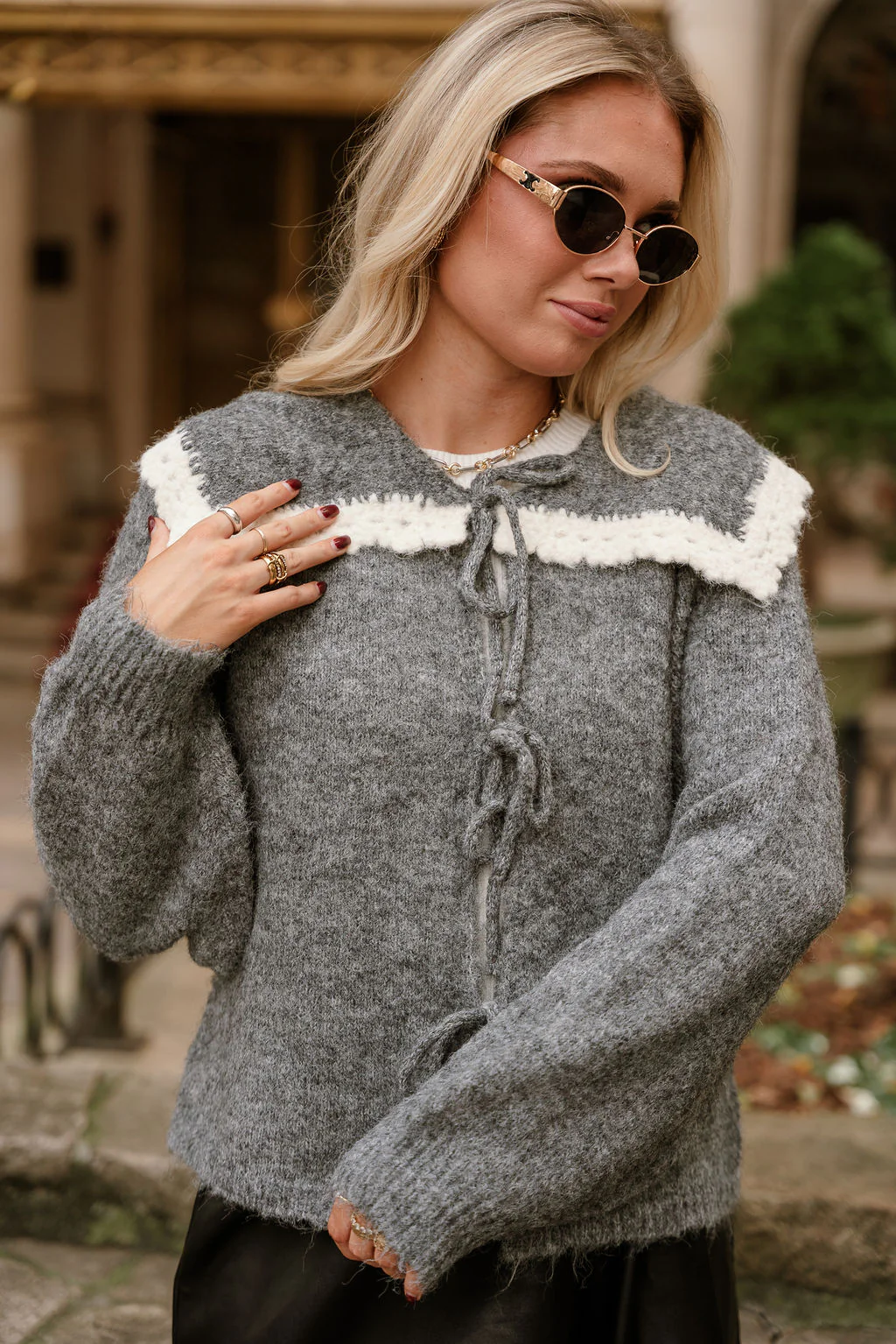 Leila Grey & Cream Collar Cardigan - Image 2