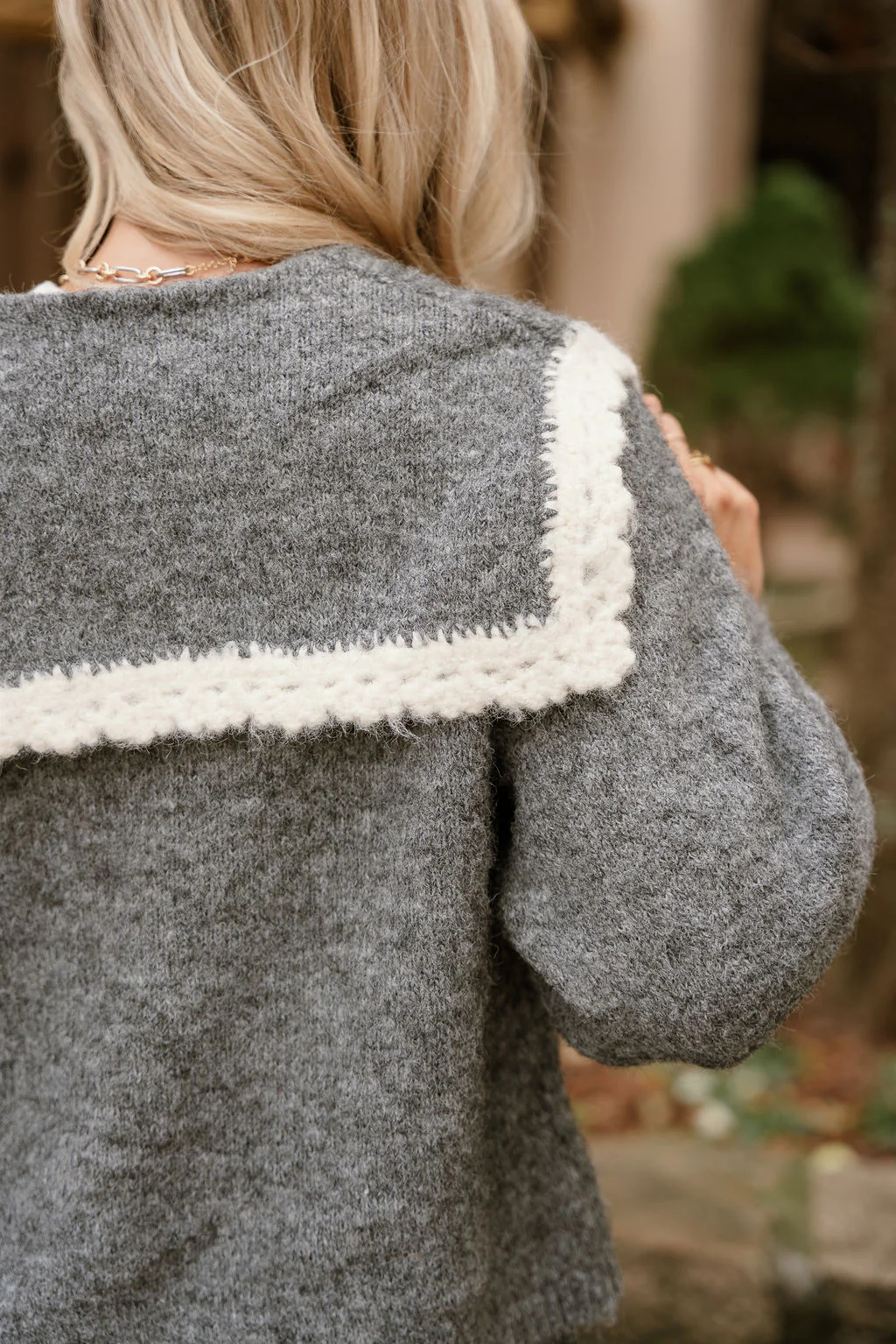 Leila Grey & Cream Collar Cardigan - Image 3