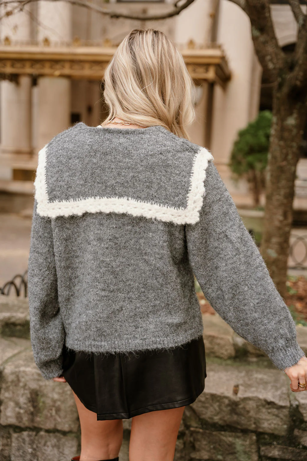 Leila Grey & Cream Collar Cardigan - Image 4