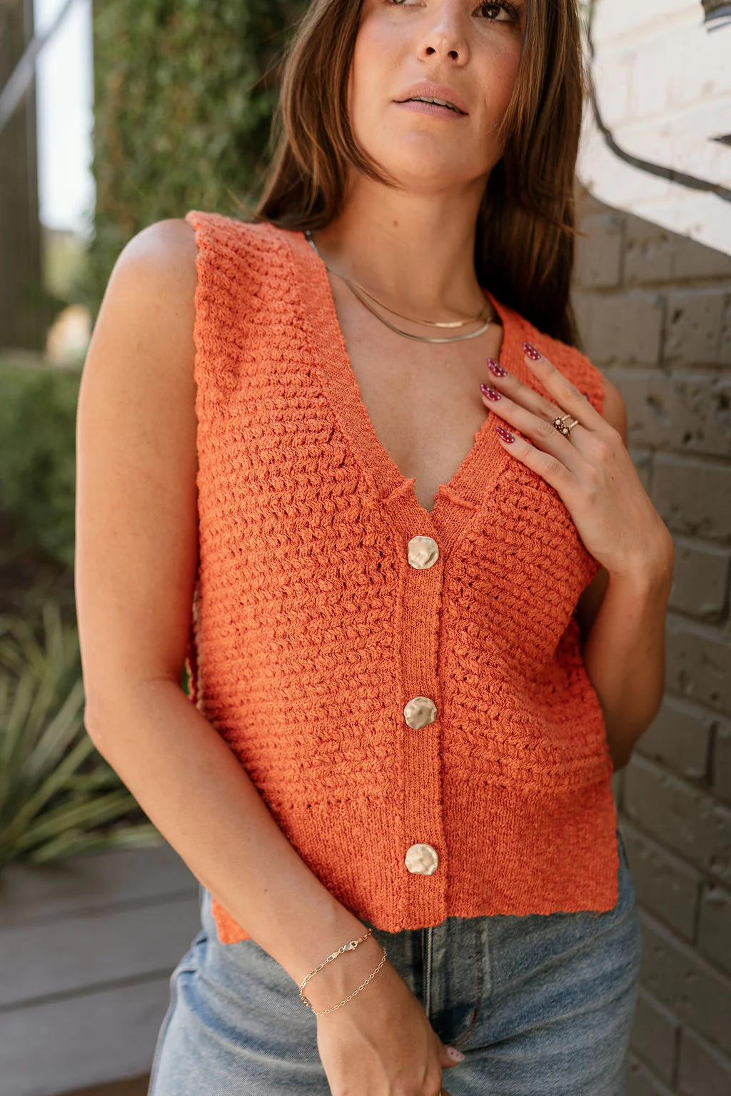 Leila Orange & Gold Buttons Knit Vest - Image 2