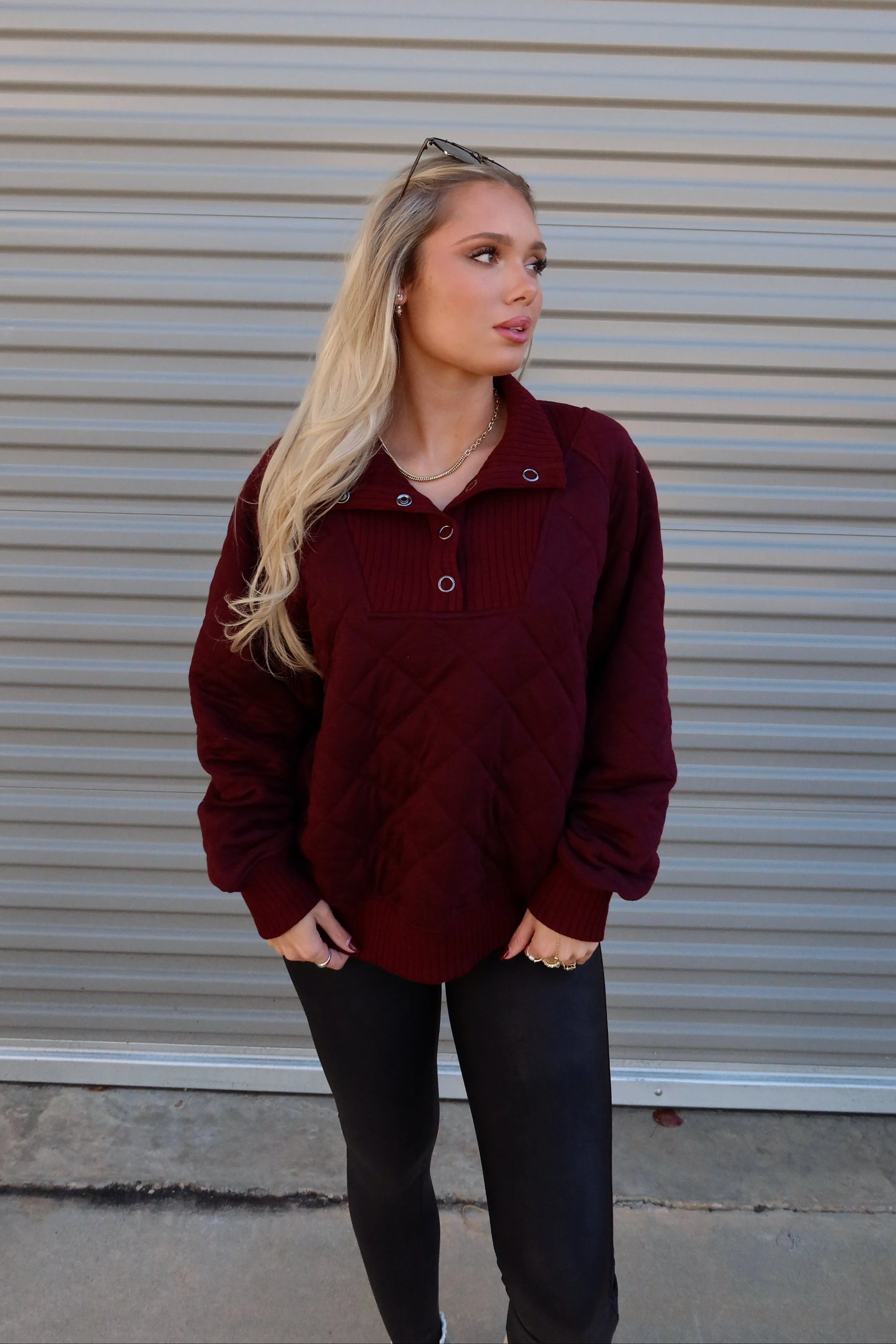 Lena Burgundy Quarter Button-Up Sweatshirt
