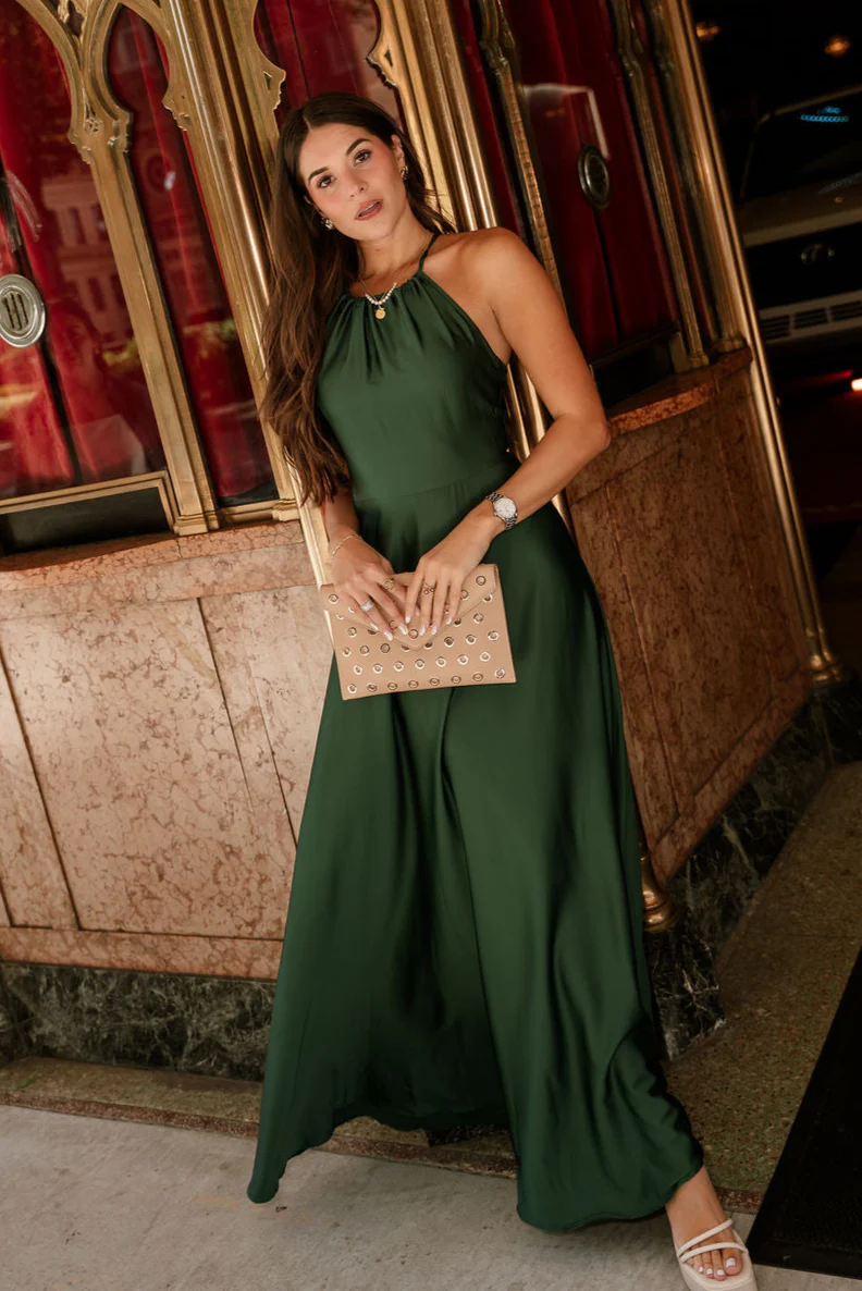Lena Hunter Green Satin Maxi Dress