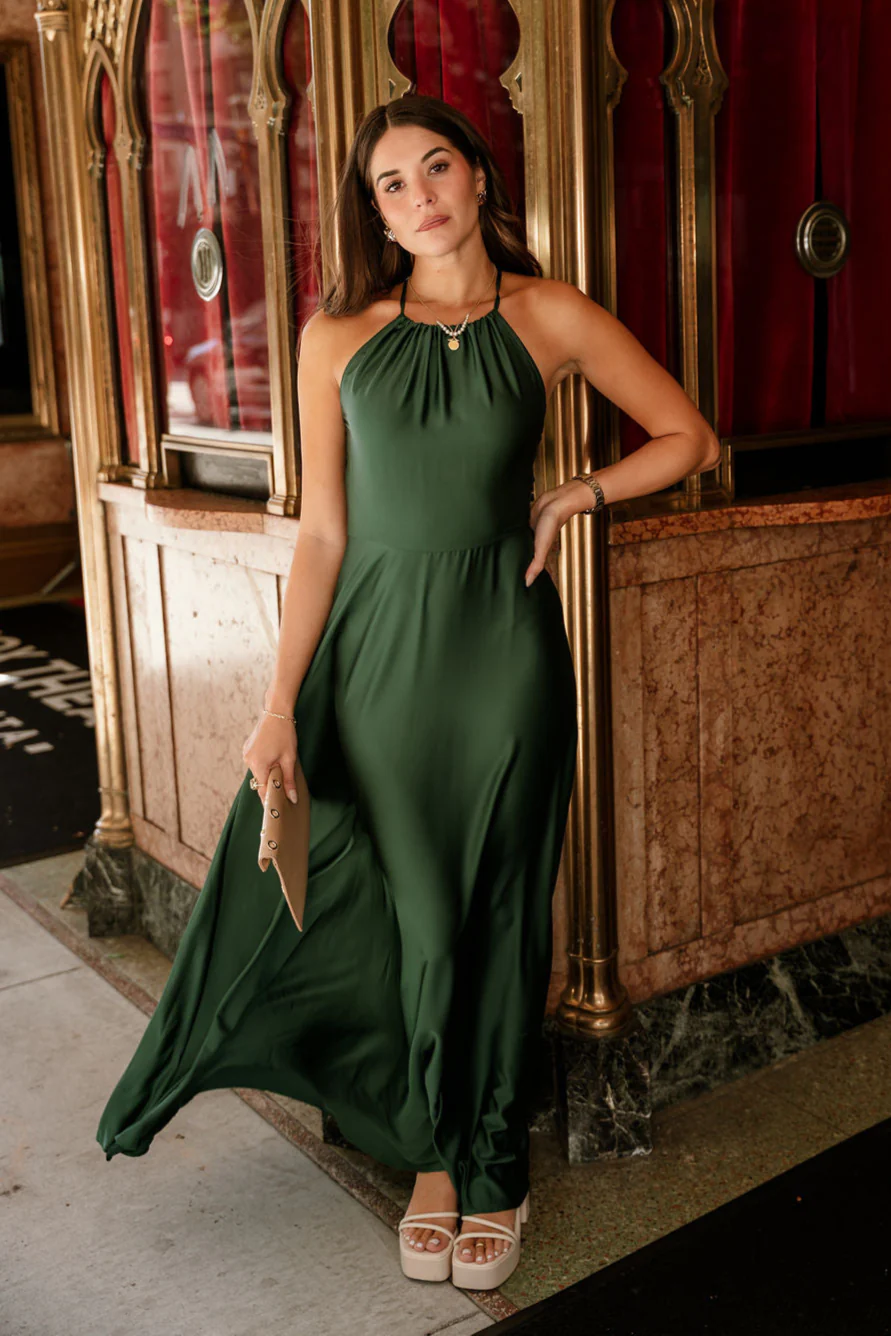 Lena Hunter Green Satin Maxi Dress - Image 9