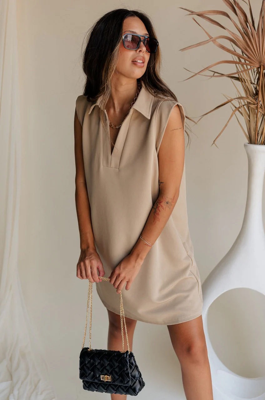 Lena Taupe Ribbed V-Neckline Mini Dress