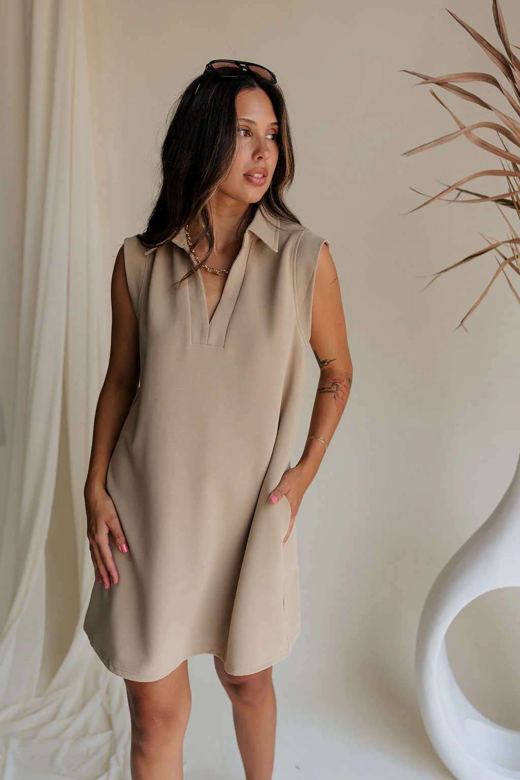Lena Taupe Ribbed V-Neckline Mini Dress - Image 3