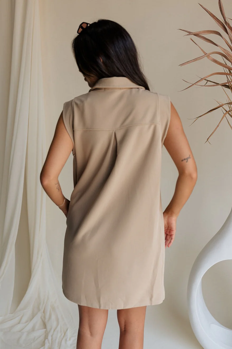 Lena Taupe Ribbed V-Neckline Mini Dress - Image 4