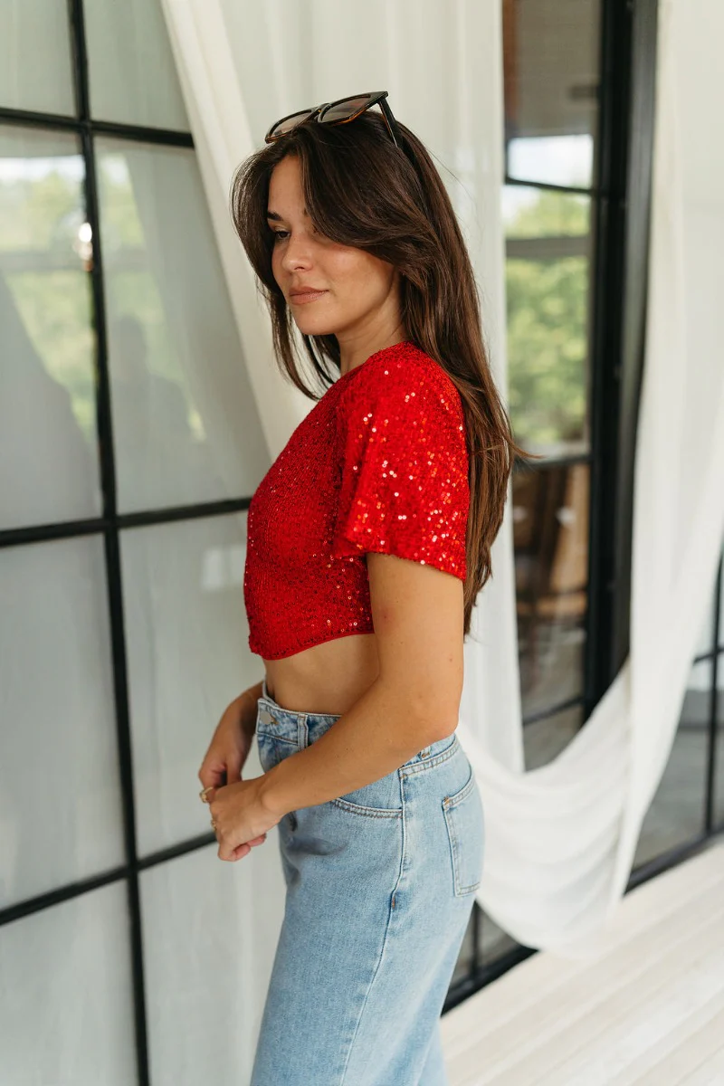 Lennox Red Sequin Crop Top - Image 3
