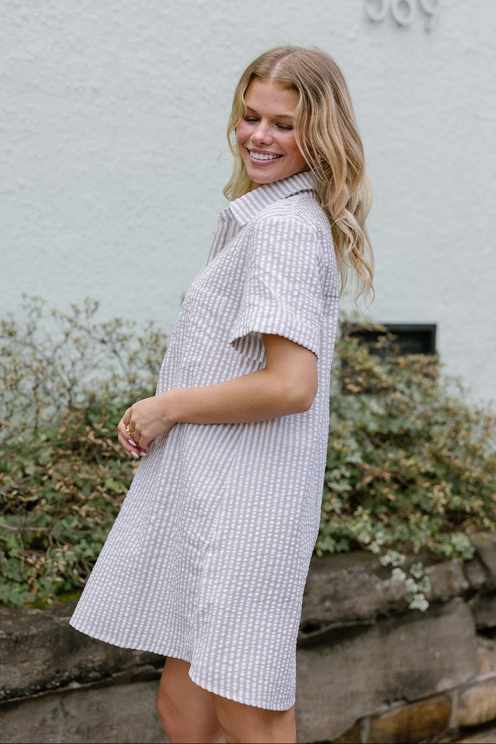 Leona Mocha & White Stripe Mini Dress - Image 3