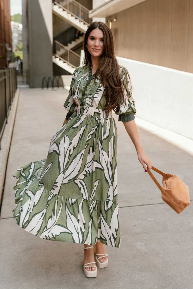 Lexi Green & Cream Floral Midi Dress