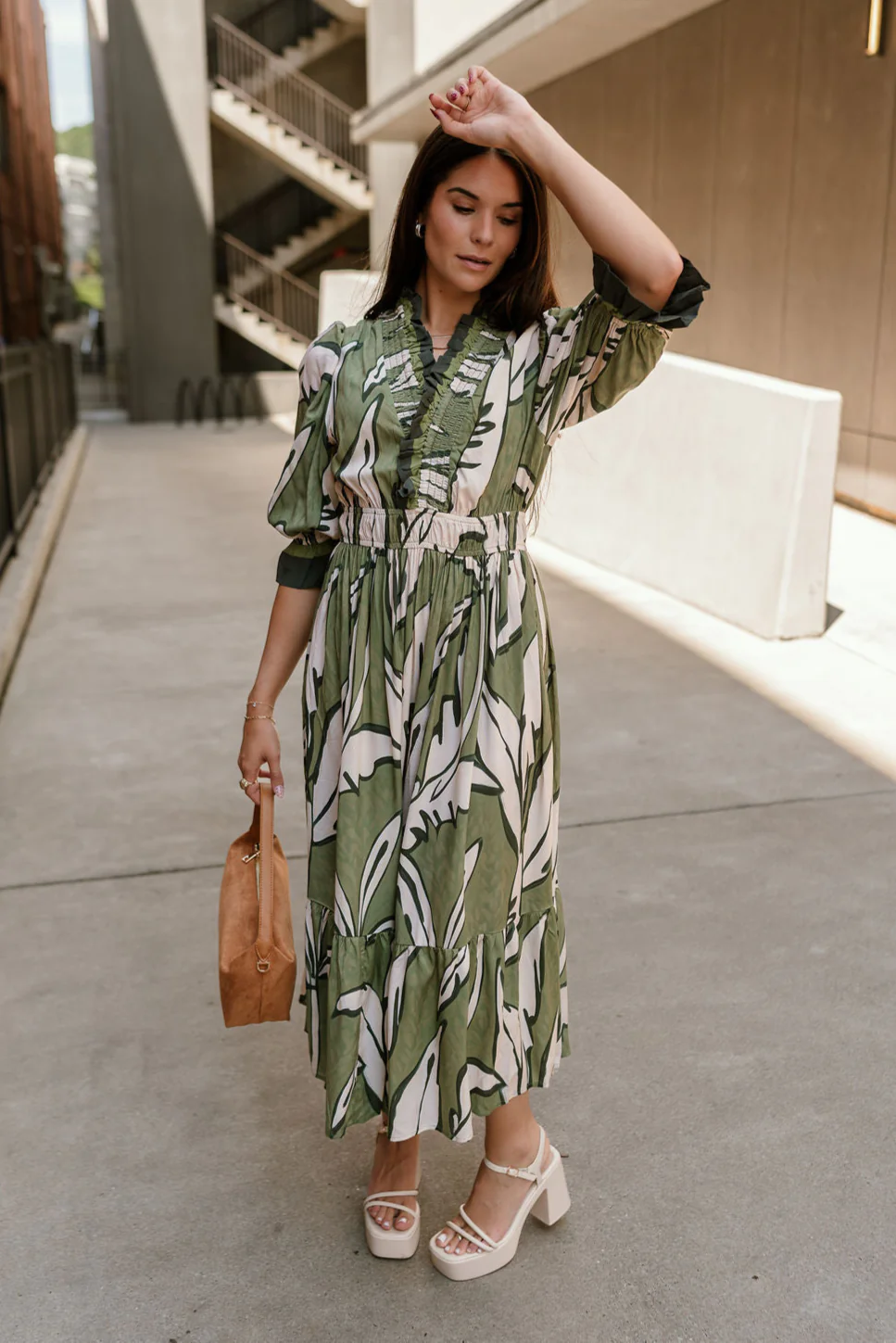 Lexi Green & Cream Floral Midi Dress - Image 3