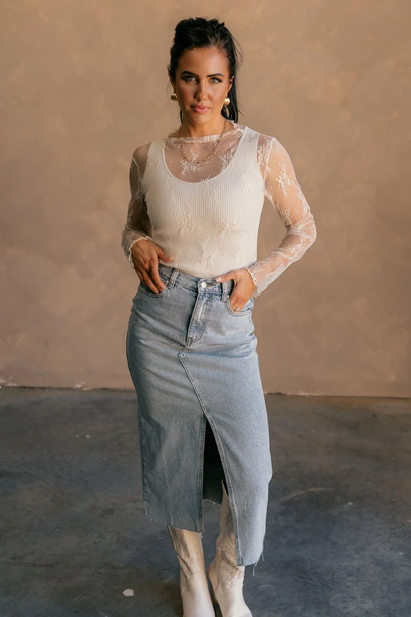 Liana Denim Front Slit Midi Skirt