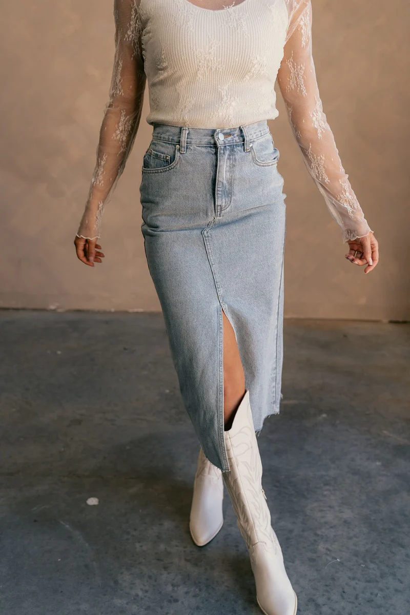 Liana Denim Front Slit Midi Skirt - Image 3