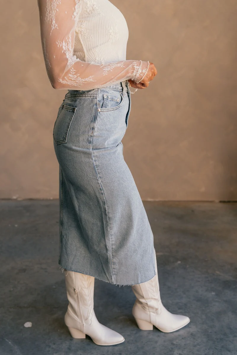 Liana Denim Front Slit Midi Skirt - Image 4