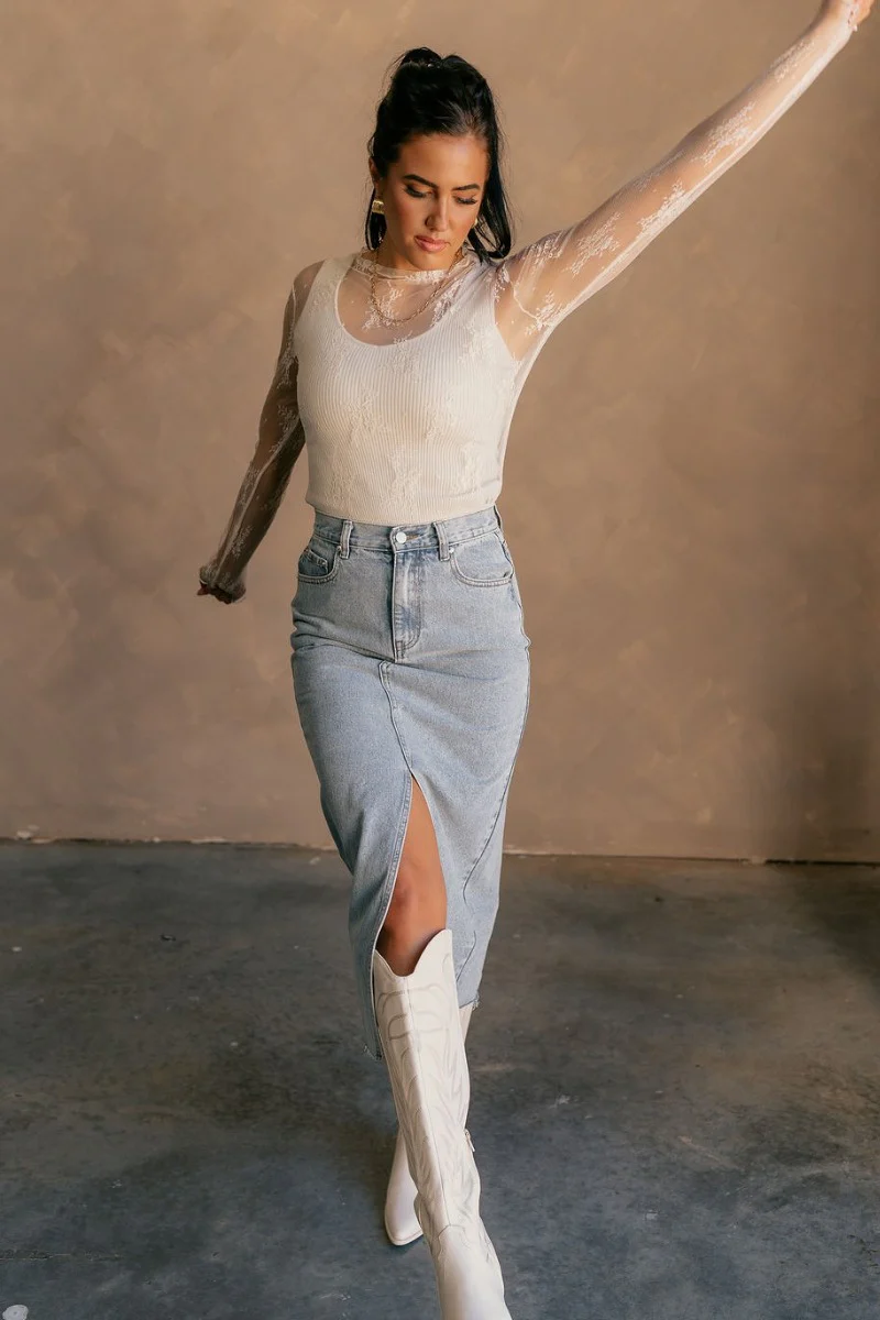 Liana Denim Front Slit Midi Skirt - Image 7