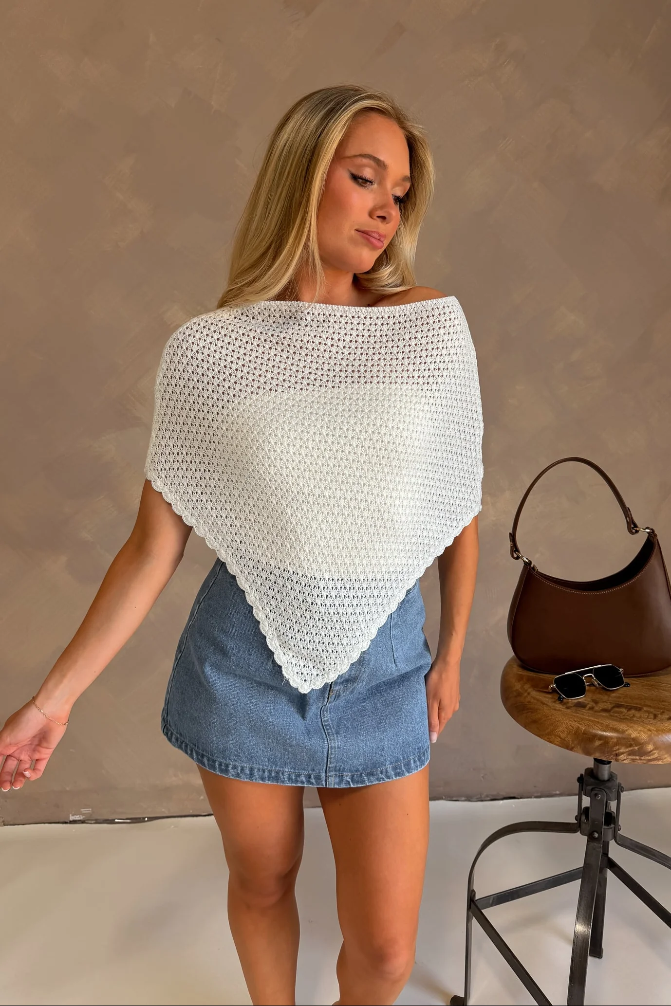 Liana White Open Knit Poncho Top - Image 5