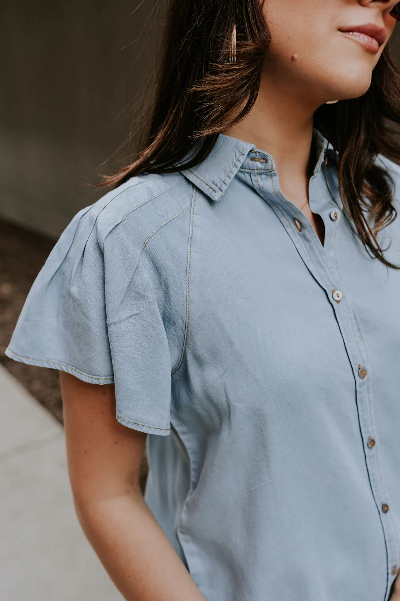 Cynthia Blue Short Sleeve Button Up Top - Image 3