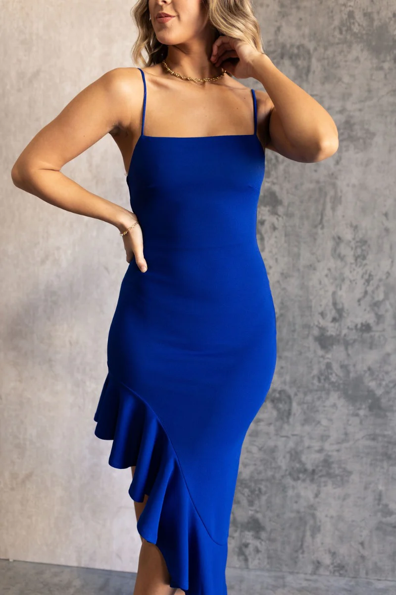 Liliana Blue Asymmetrical Sleeveless Midi Dress - Image 3