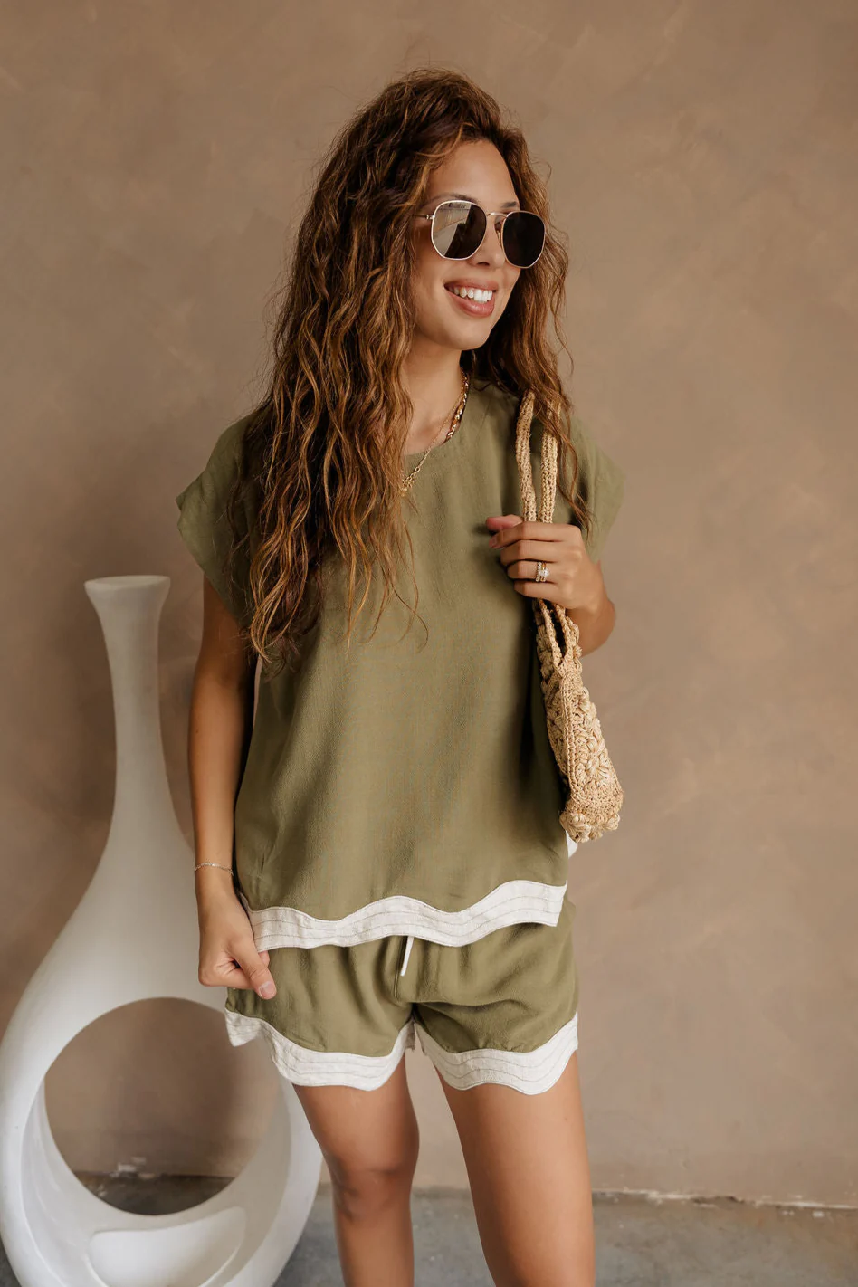 Liliana Olive & Cream Scallop Linen Shorts