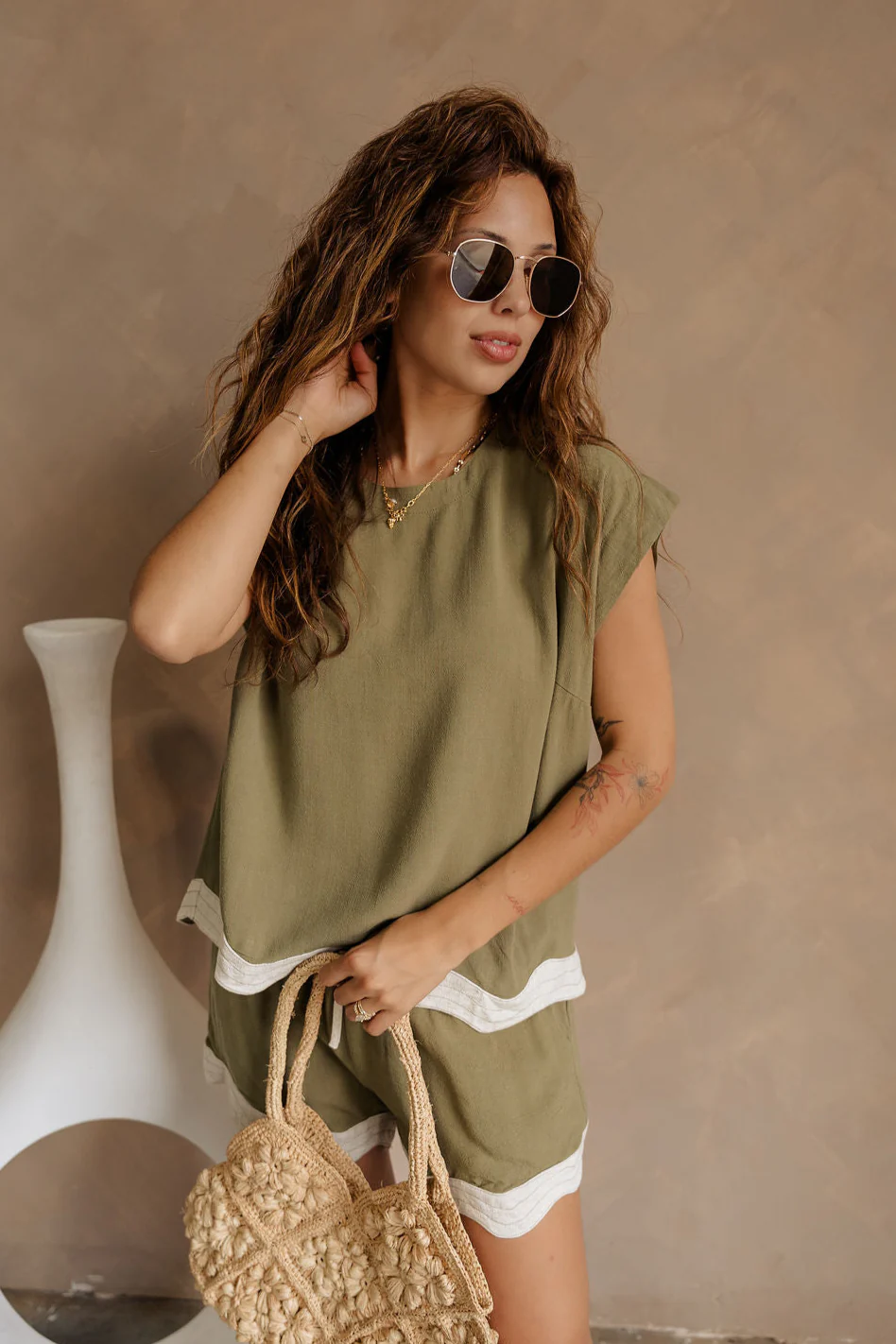 Liliana Olive & Cream Scallop Linen Top