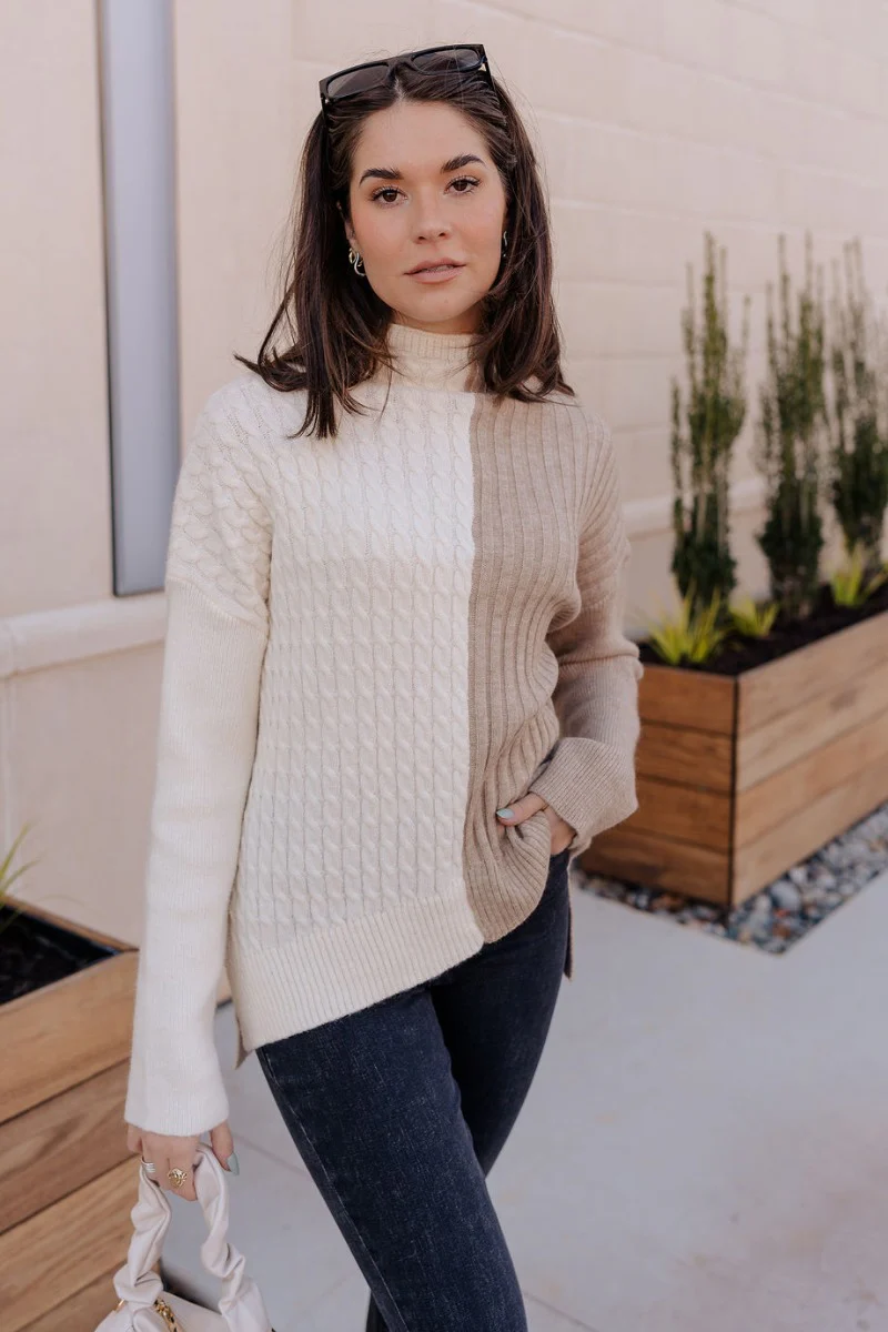 Lillian Taupe & Cream Long Sleeve Sweater