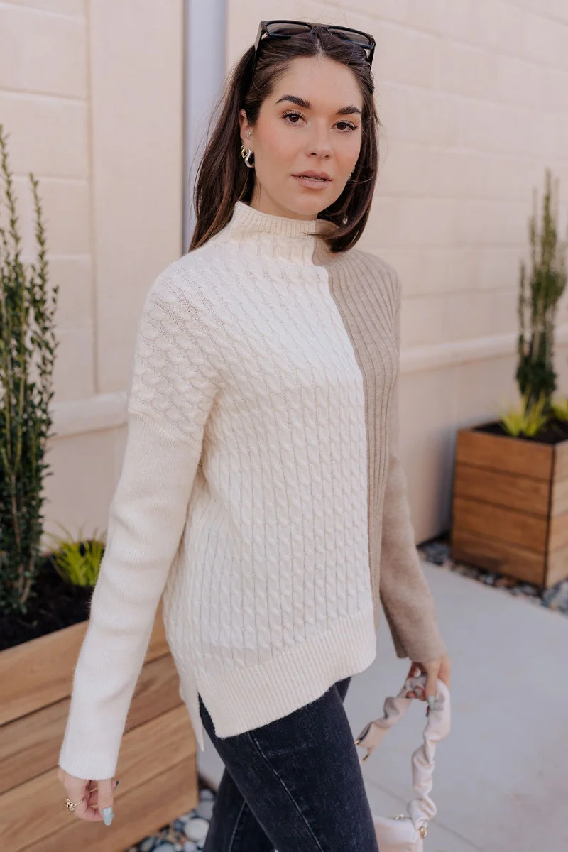 Lillian Taupe & Cream Long Sleeve Sweater - Image 4