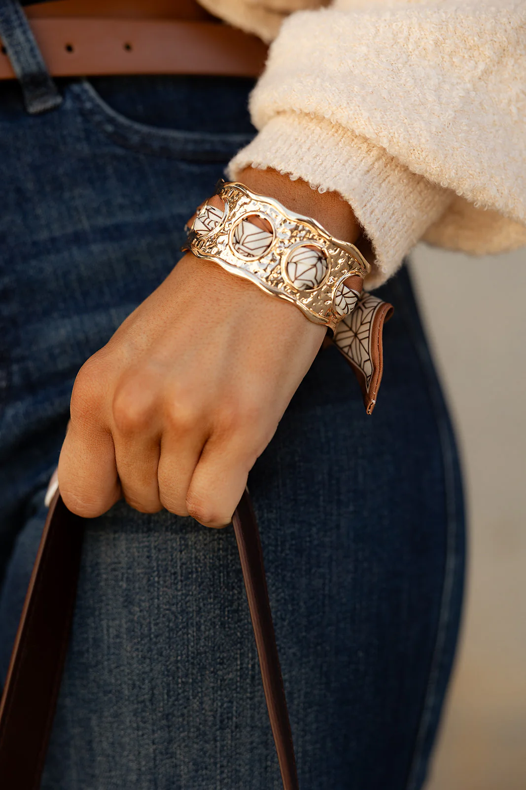 Lilliana Cream & Brown Scarf Tie Gold Cuff