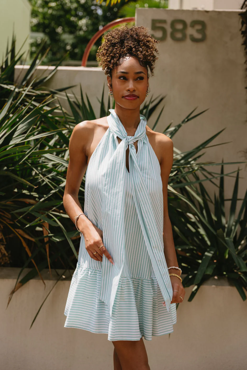 Lilly Green & White Striped Bow Mini Dress - Image 3