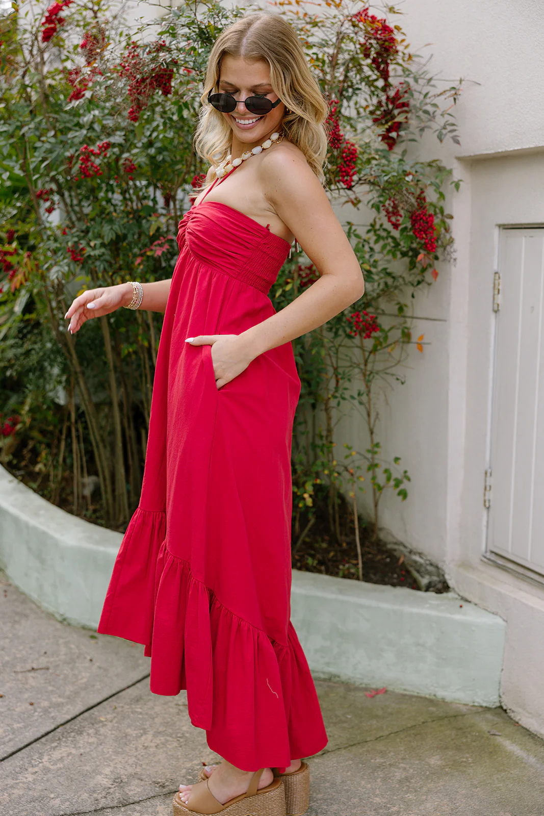 Lily Red Flare Tie Midi Dress - Image 3
