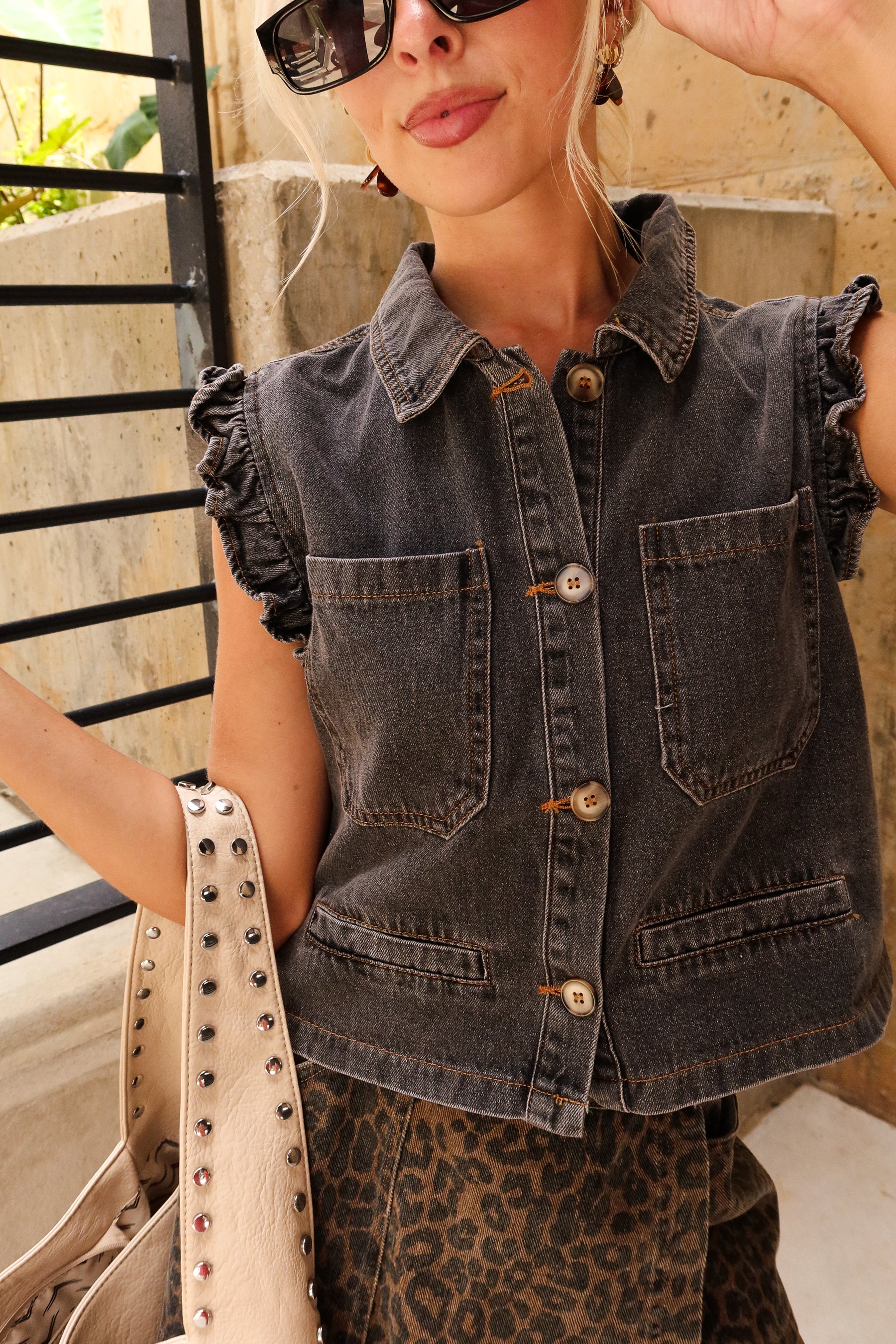 Lola Charcoal Denim Ruffle Vest